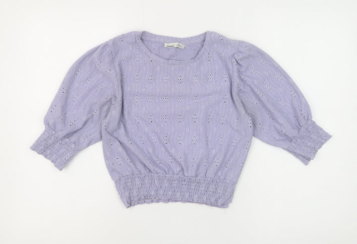 Pull & Bear Women Purple Cropped Blouse M Puff Sleeve Cotton