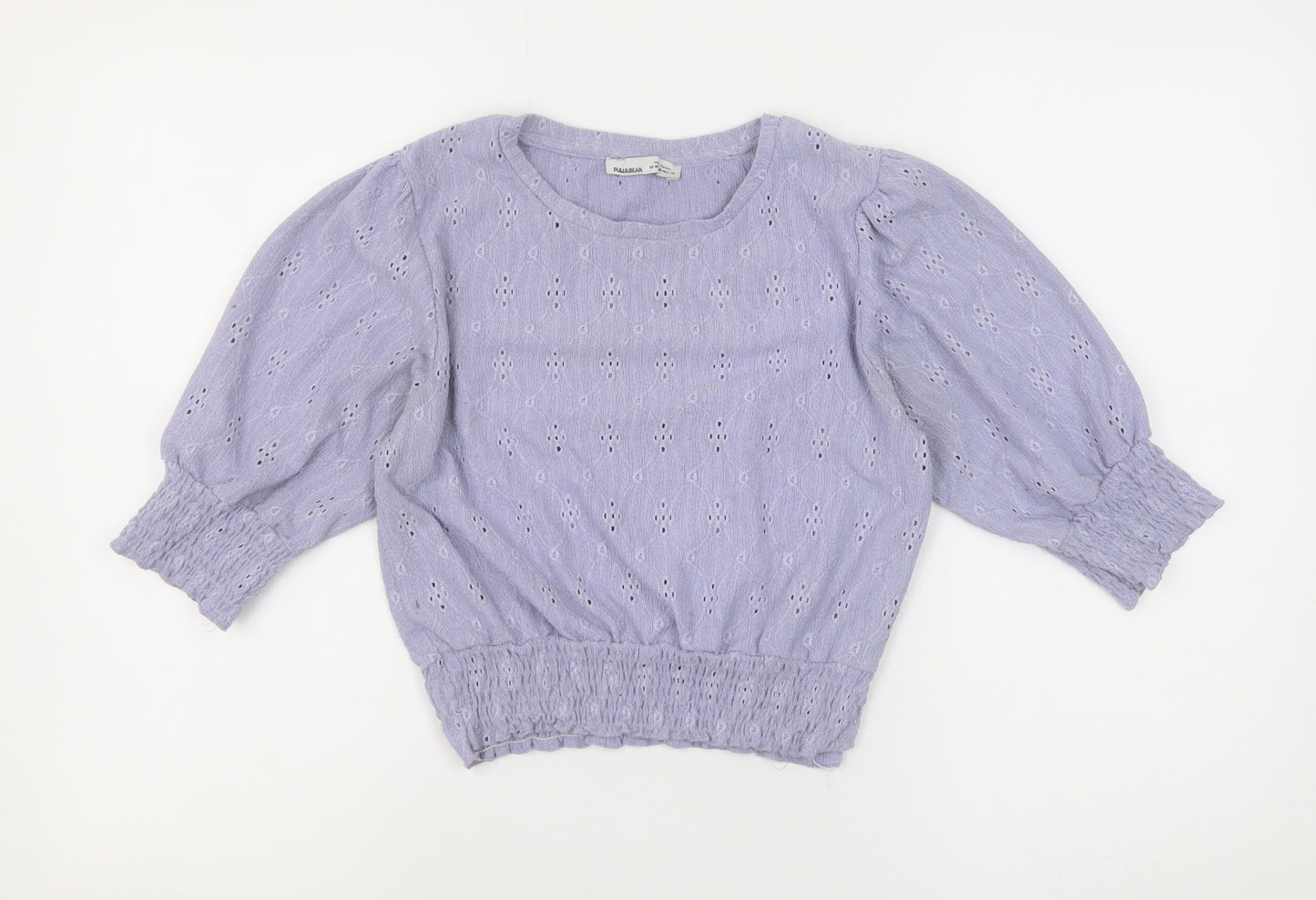 Pull & Bear Women Purple Cropped Blouse M Puff Sleeve Cotton