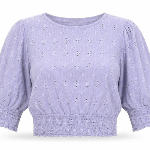 Pull&Bear Women Purple Cropped Blouse M Puff Sleeve Cotton