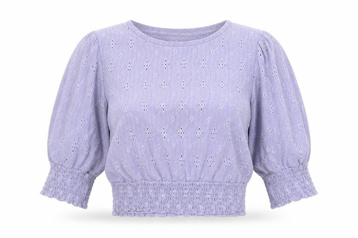 Pull&Bear Women Purple Cropped Blouse M Puff Sleeve Cotton