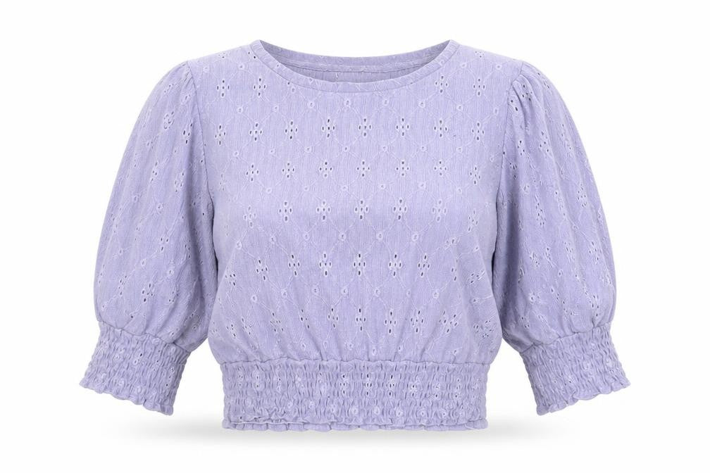 Pull&Bear Women Purple Cropped Blouse M Puff Sleeve Cotton