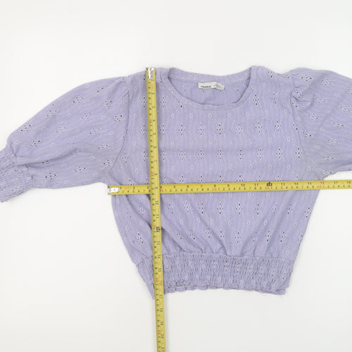Pull & Bear Women Purple Cropped Blouse M Puff Sleeve Cotton