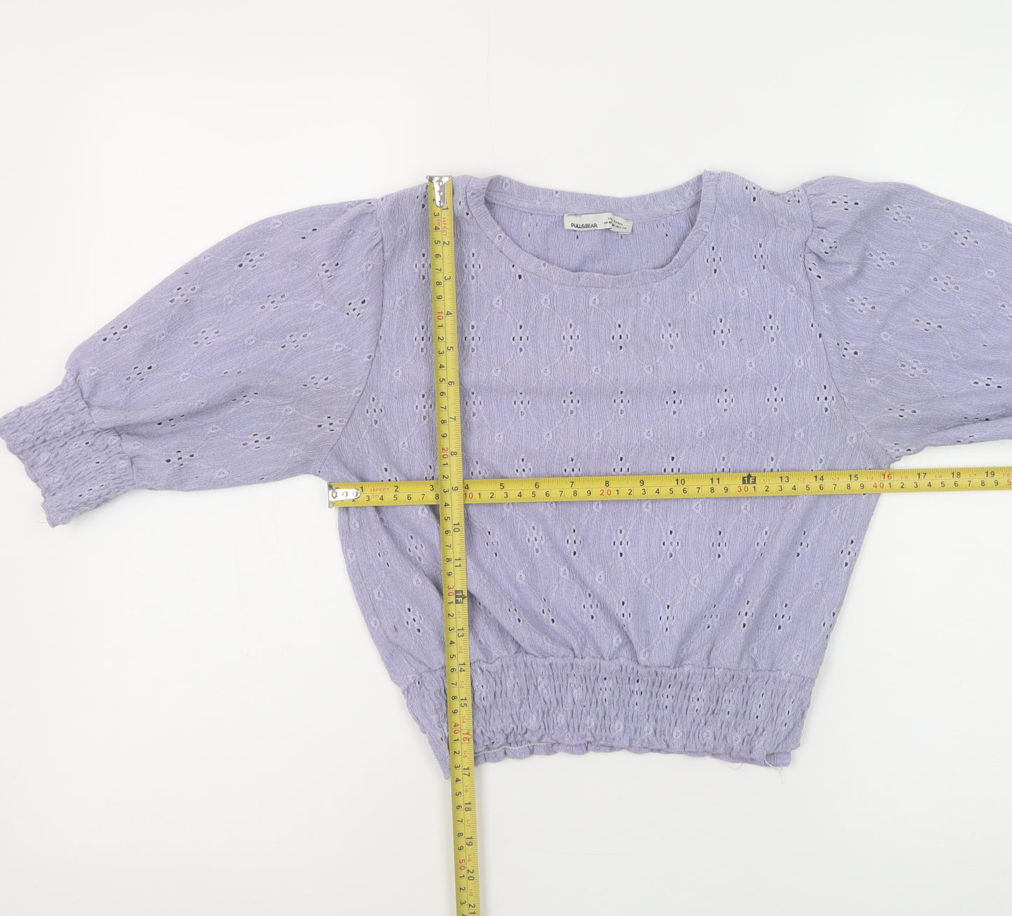 Pull & Bear Women Purple Cropped Blouse M Puff Sleeve Cotton