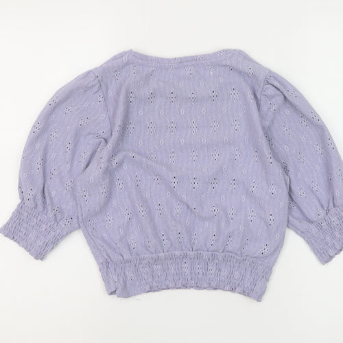 Pull & Bear Women Purple Cropped Blouse M Puff Sleeve Cotton