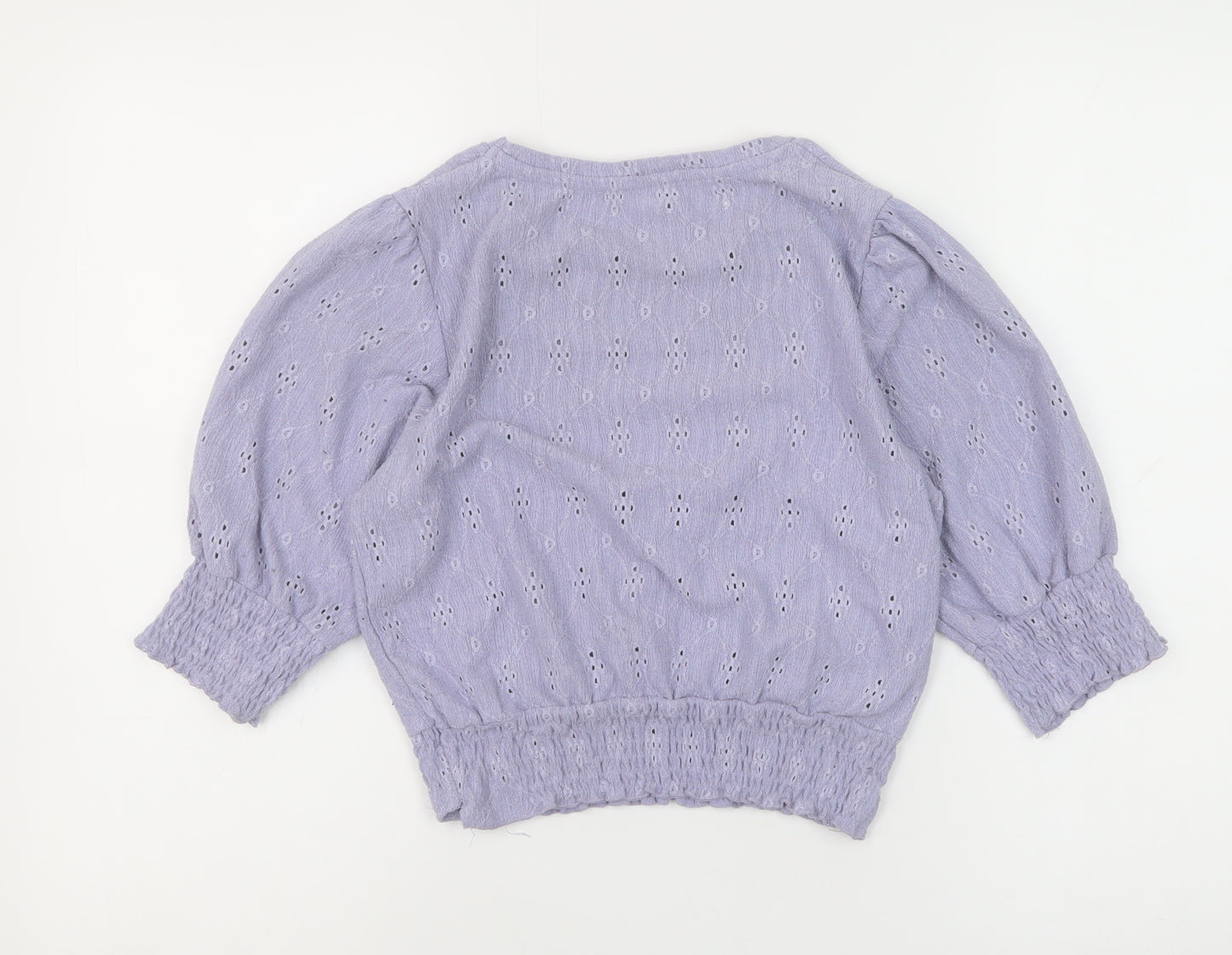 Pull & Bear Women Purple Cropped Blouse M Puff Sleeve Cotton