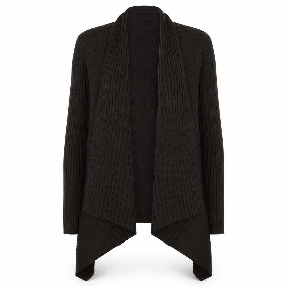 Front view of Wallis Women’s Black Ribbed Knit Open Front Cardigan, size S