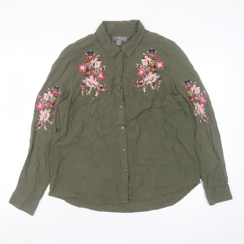 Primark Women Green Embroidered Floral Button-Up Shirt Size 12