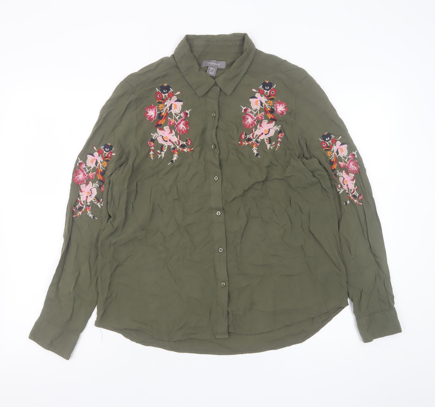 Primark Women Green Embroidered Floral Button-Up Shirt Size 12