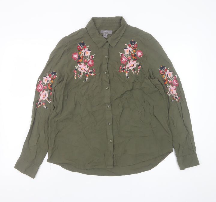 Primark Women Green Embroidered Floral Button-Up Shirt Size 12