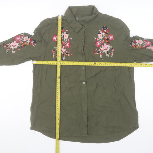 Primark Women Green Embroidered Floral Button-Up Shirt Size 12