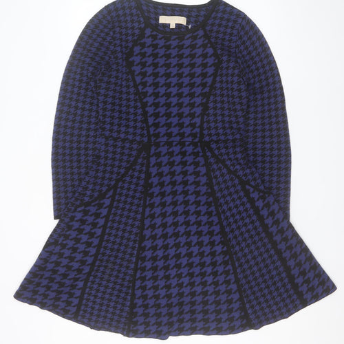 Fenn Wright Manson Women Blue Houndstooth Fit & Flare Knit Dress M