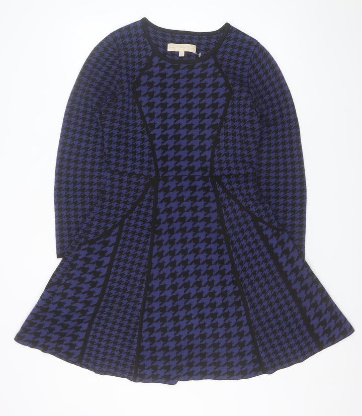 Fenn Wright Manson Women Blue Houndstooth Fit & Flare Knit Dress M