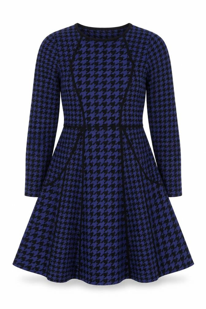 Fenn Wright Manson Women Blue Houndstooth Fit & Flare Knit Dress M
