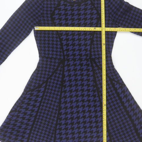 Fenn Wright Manson Women Blue Houndstooth Fit & Flare Knit Dress M