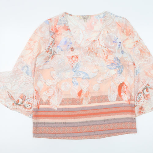 Tinta Style Women’s Peach Floral Chiffon Blouse Size 10 V-Neck Flared Sleeve