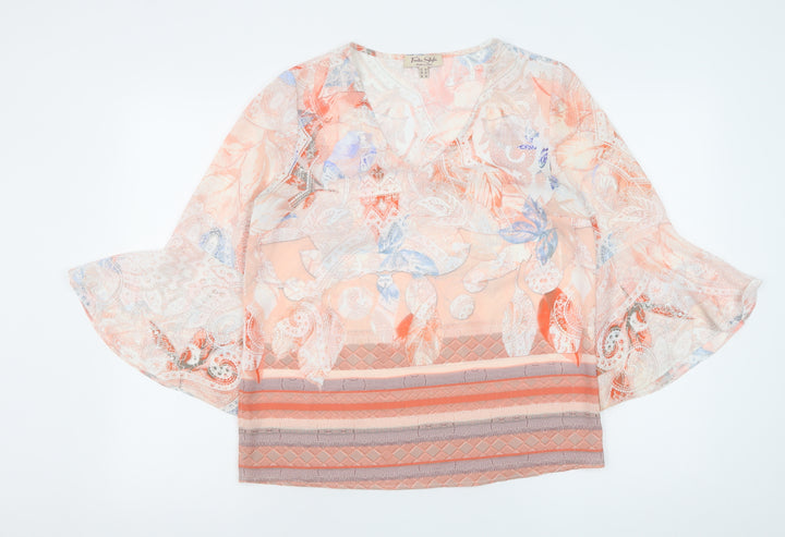 Tinta Style Women’s Peach Floral Chiffon Blouse Size 10 V-Neck Flared Sleeve