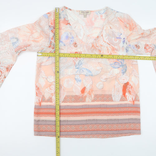 Tinta Style Women’s Peach Floral Chiffon Blouse Size 10 V-Neck Flared Sleeve
