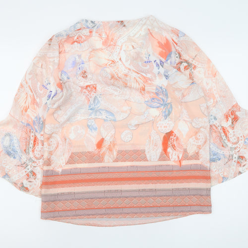 Tinta Style Women’s Peach Floral Chiffon Blouse Size 10 V-Neck Flared Sleeve