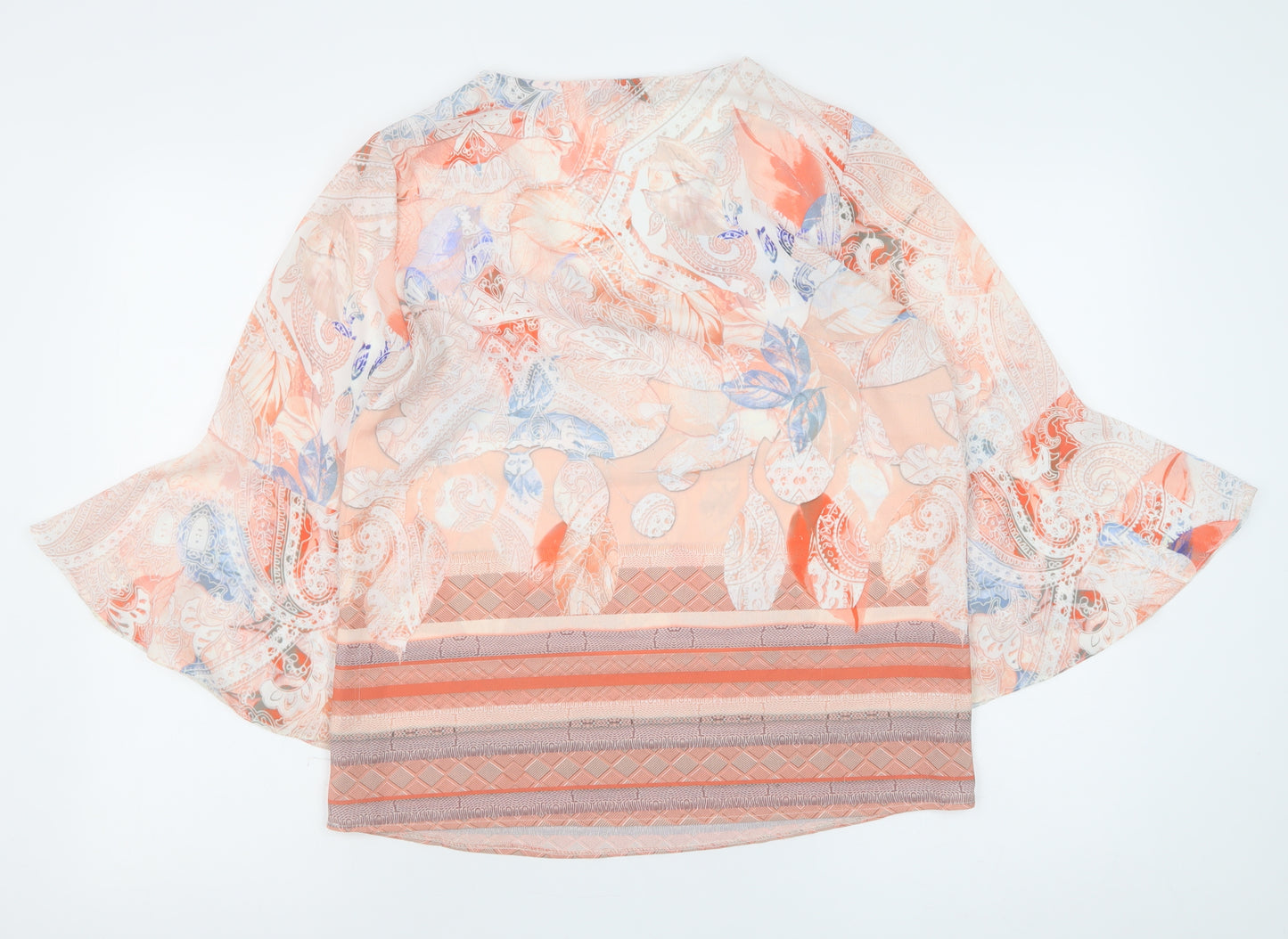 Tinta Style Women’s Peach Floral Chiffon Blouse Size 10 V-Neck Flared Sleeve