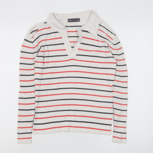 Marks and Spencer Women’s Ivory Striped Collared Knit Jumper Size 10