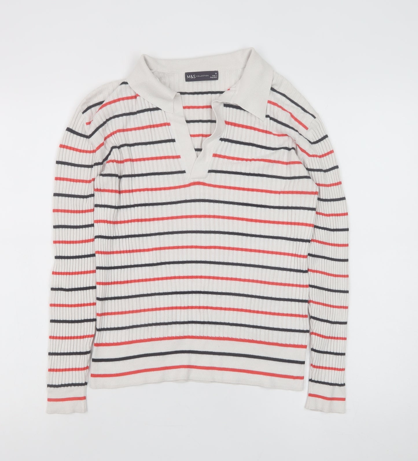 Marks and Spencer Women’s Ivory Striped Collared Knit Jumper Size 10
