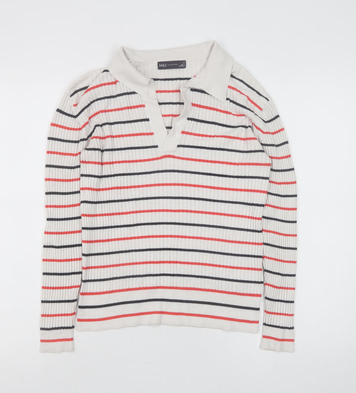 Marks and Spencer Women’s Ivory Striped Collared Knit Jumper Size 10