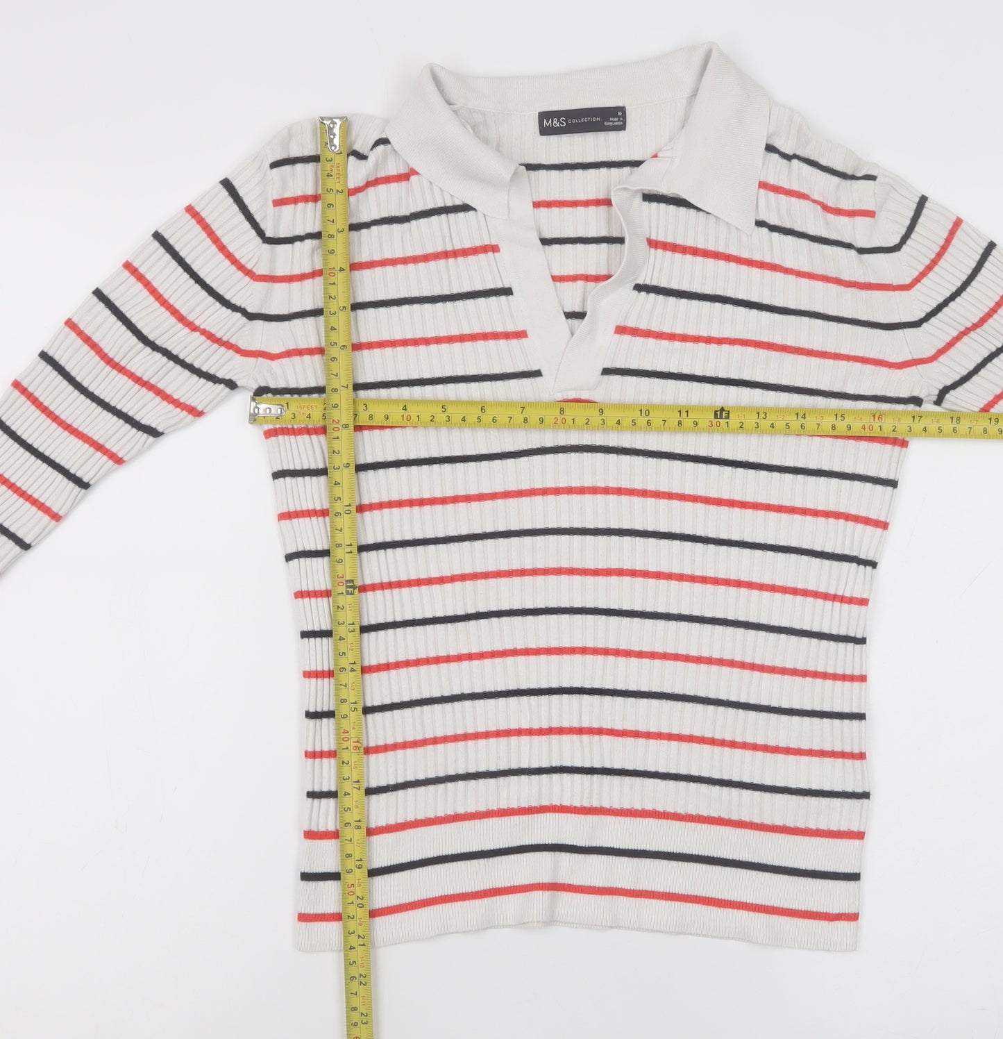 Marks and Spencer Women’s Ivory Striped Collared Knit Jumper Size 10
