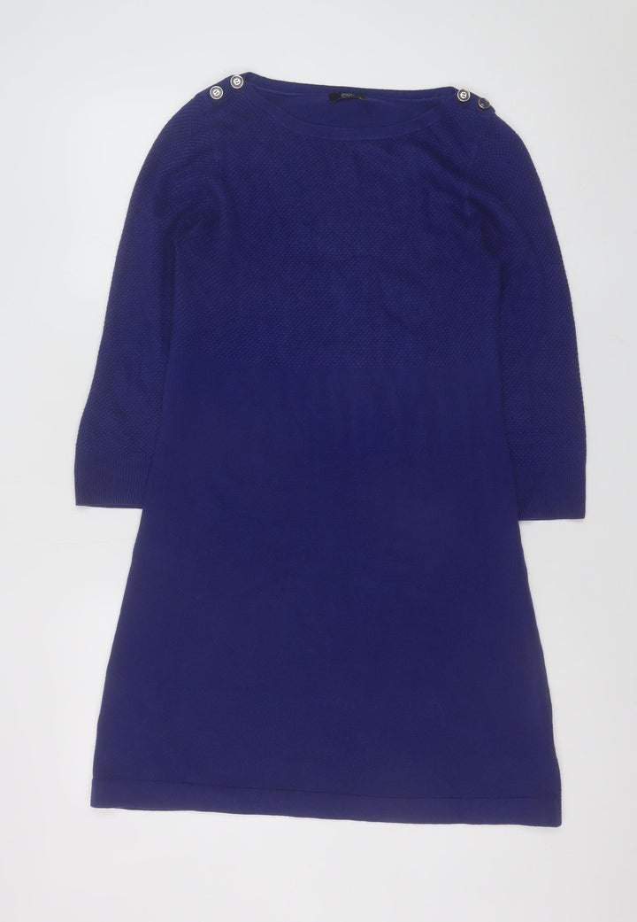 F&F Women Blue Knit Shift Dress Size 10 3/4 Sleeve Button Detail
