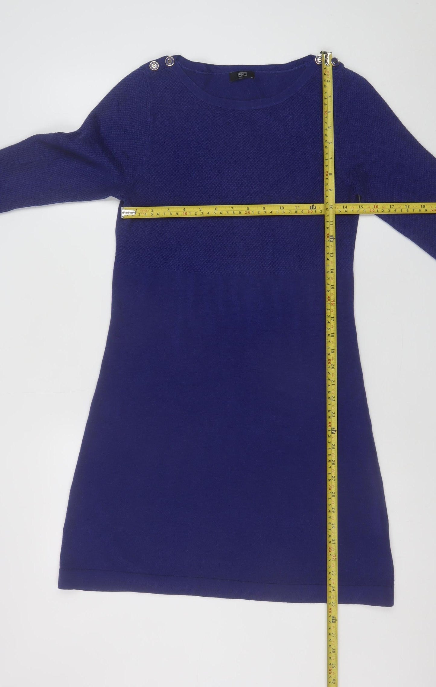 F&F Women Blue Knit Shift Dress Size 10 3/4 Sleeve Button Detail