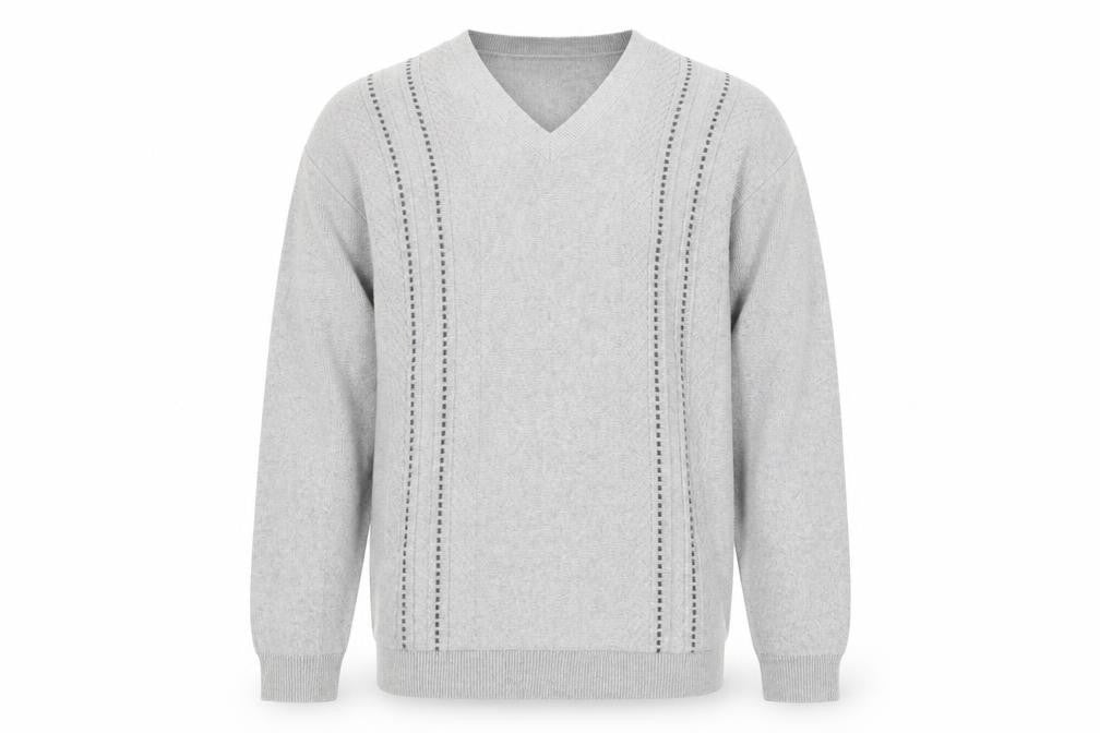 Front view of Dunnes men’s grey medium v-neck cotton blend jumper
