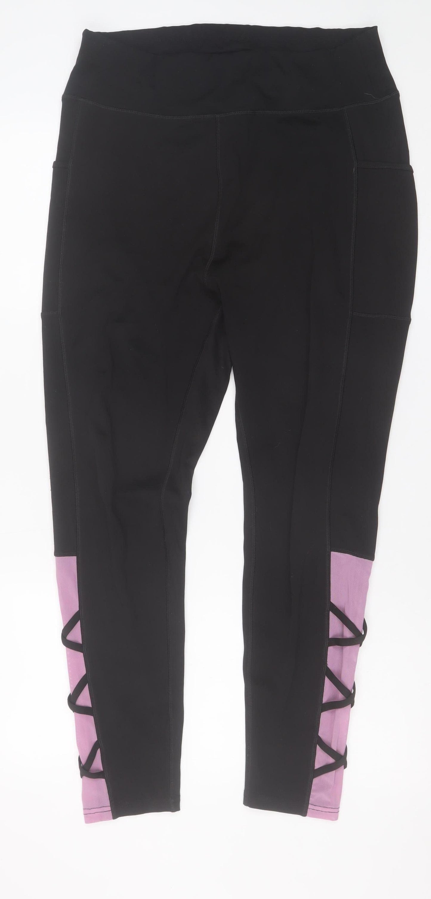 Pop Fit Women’s Black XL High Rise Ankle Leggings with Lace Up Detail