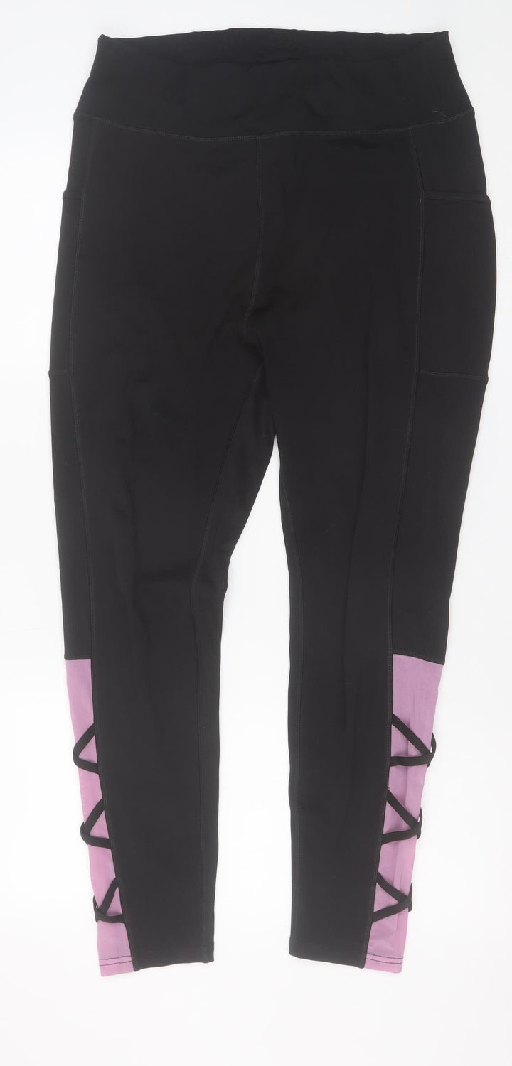 Pop Fit Women’s Black XL High Rise Ankle Leggings with Lace Up Detail