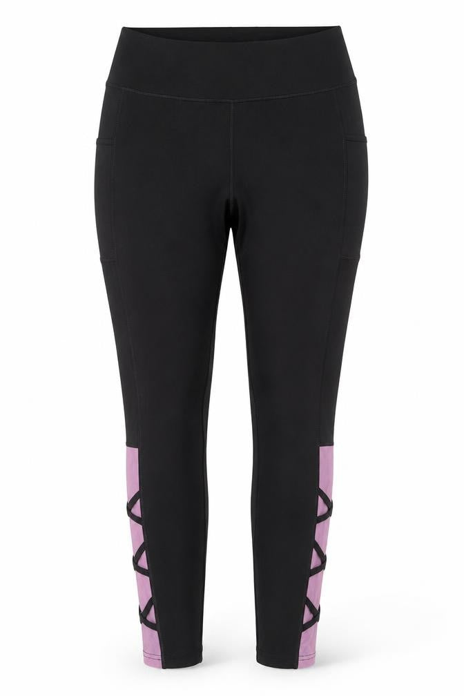 Pop Fit Women’s Black XL High Rise Ankle Leggings with Lace Up Detail