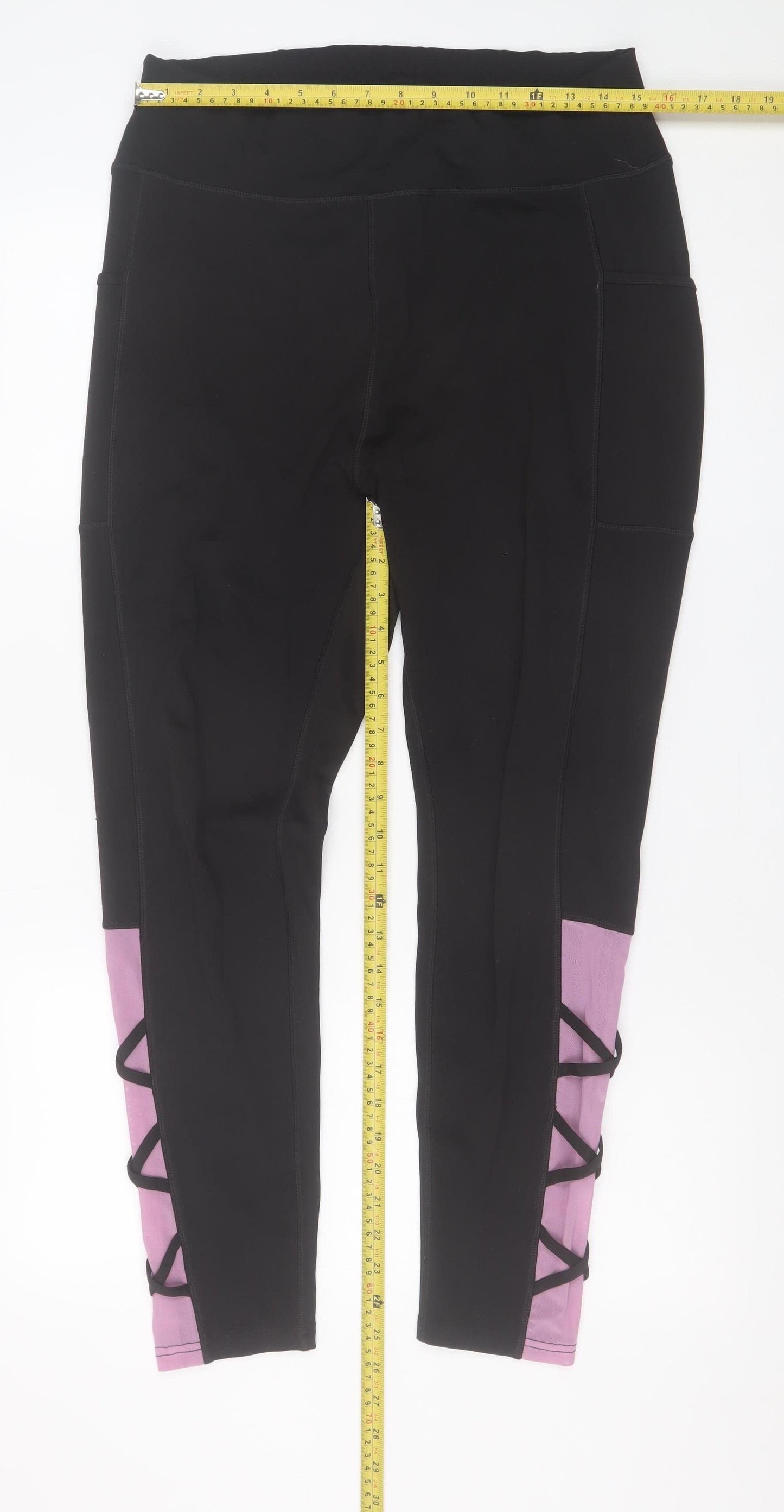 Pop Fit Women’s Black XL High Rise Ankle Leggings with Lace Up Detail