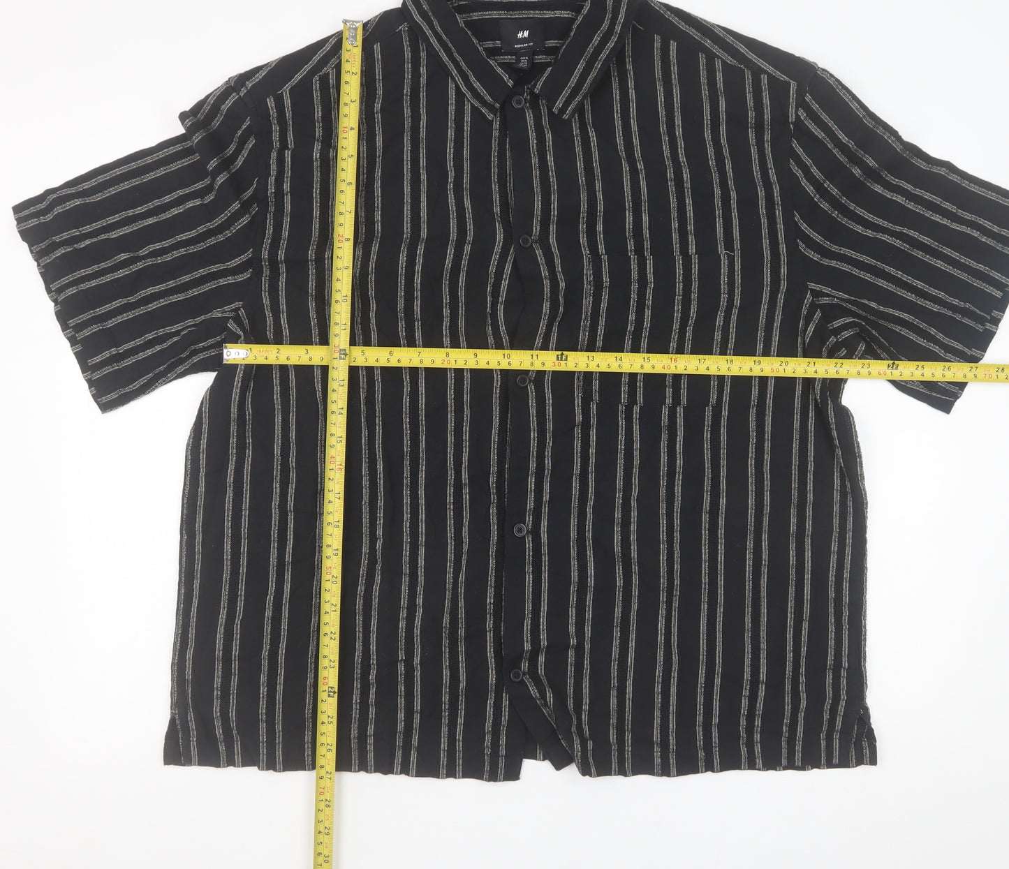H&M Men’s Black Striped Short Sleeve Button-Up Shirt XL Regular Fit