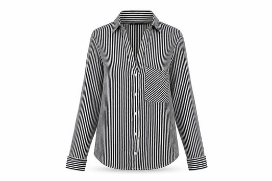 Front view of Zara Women’s Black Striped Cotton Button-Up Shirt, size S