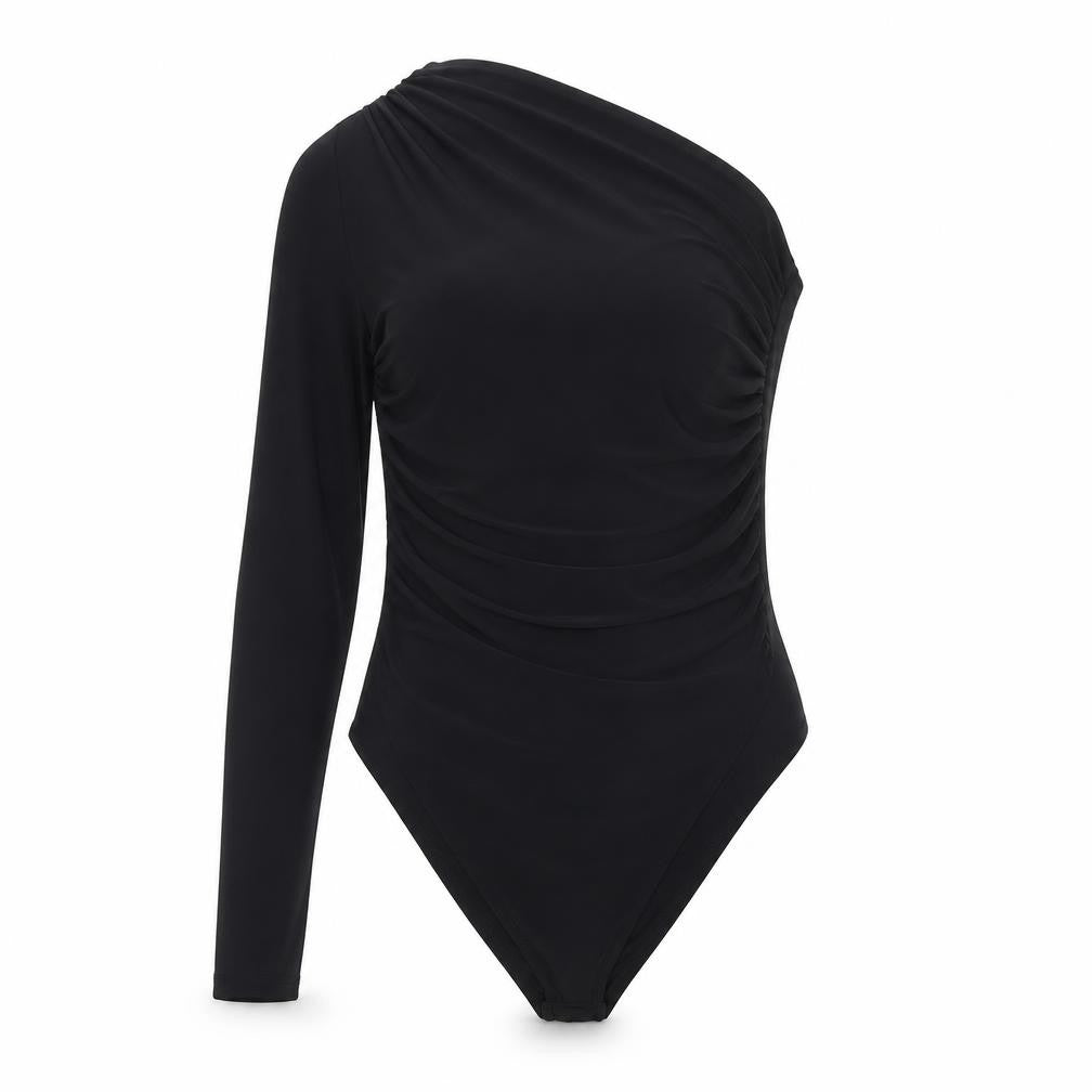 Front view of River Island Women's Black One Shoulder Long Sleeve Bodysuit, size 8