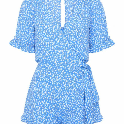 Ghanda Co Blue Floral Wrap Playsuit XS Womens Summer Rayon Romper