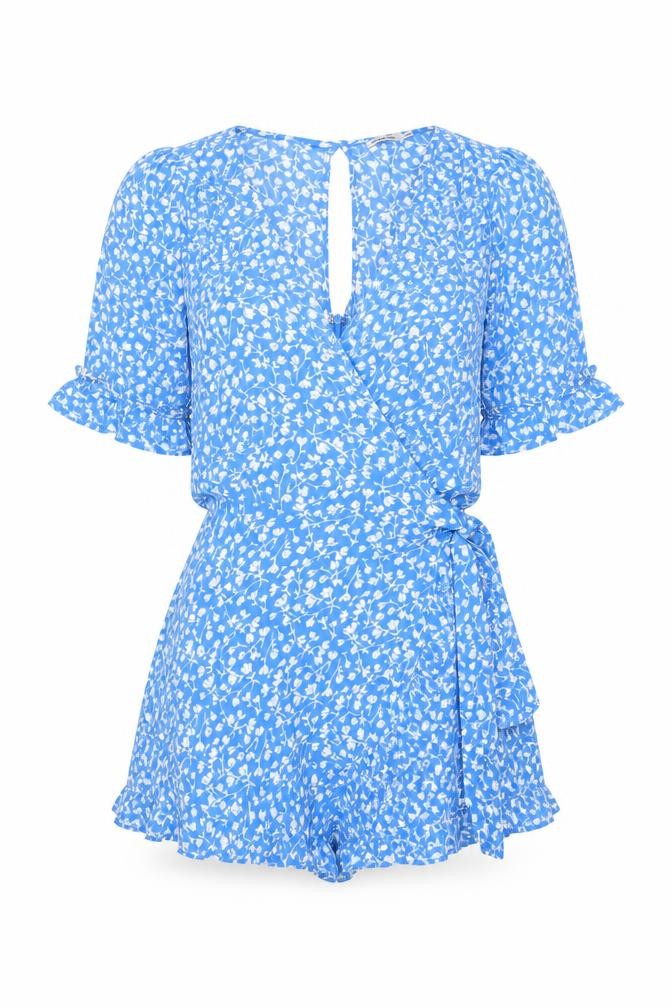 Ghanda Co Blue Floral Wrap Playsuit XS Womens Summer Rayon Romper