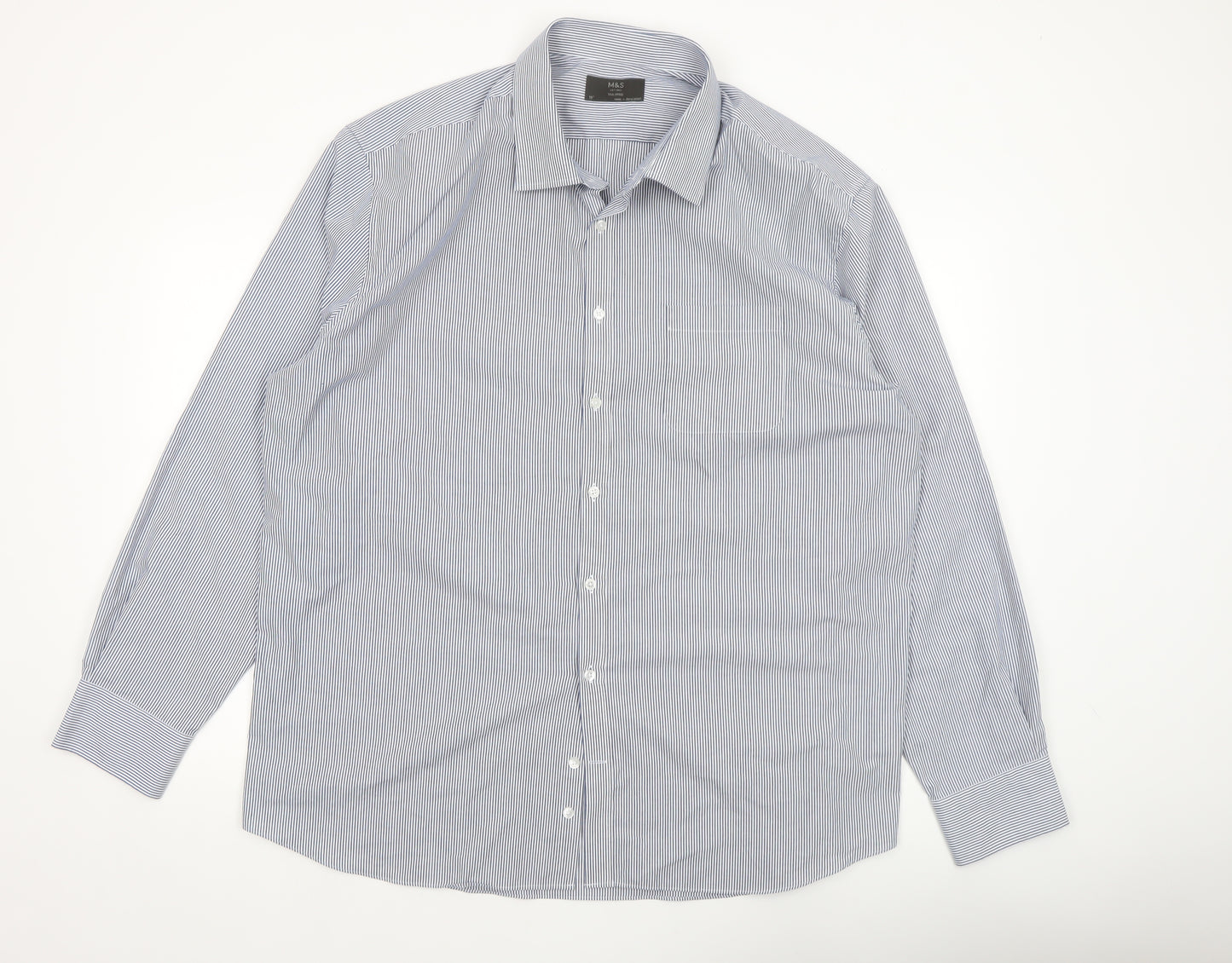 Marks and Spencer Men's Blue Striped 19in Tailored Long Sleeve Dress Shirt