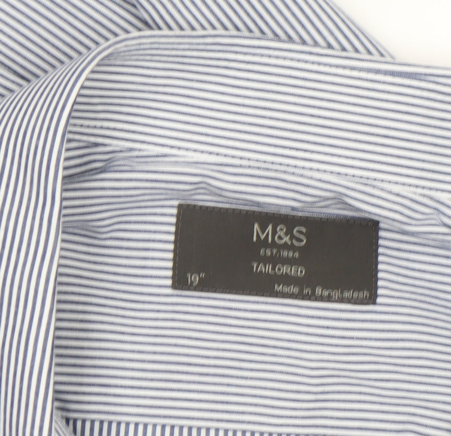 Marks and Spencer Men's Blue Striped 19in Tailored Long Sleeve Dress Shirt