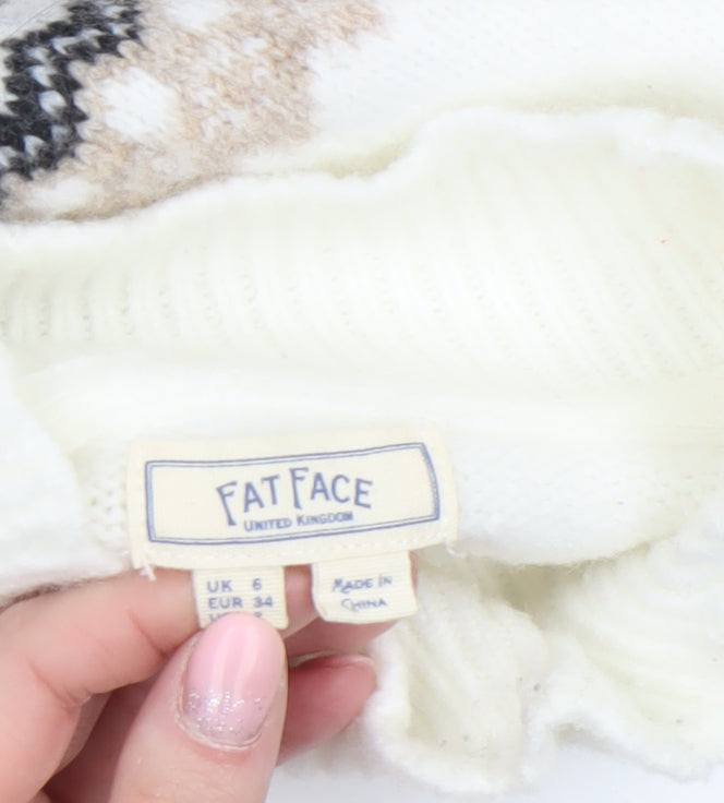 Fat Face Women White Fair Isle Jumper UK 6 Acrylic Wool Blend Winter Knit