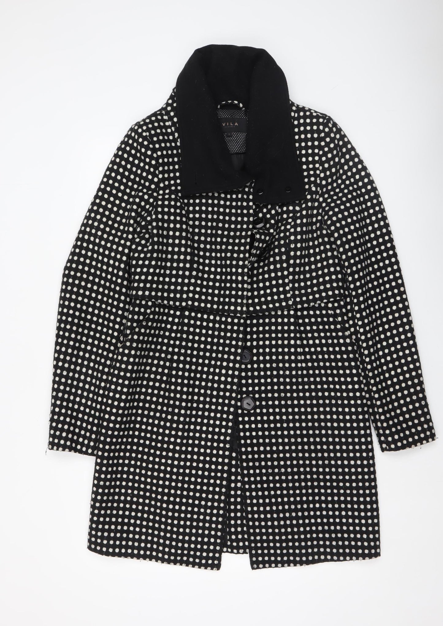 Vila Women’s Black White Polka Dot Overcoat Size S Mid-Length Smart Coat