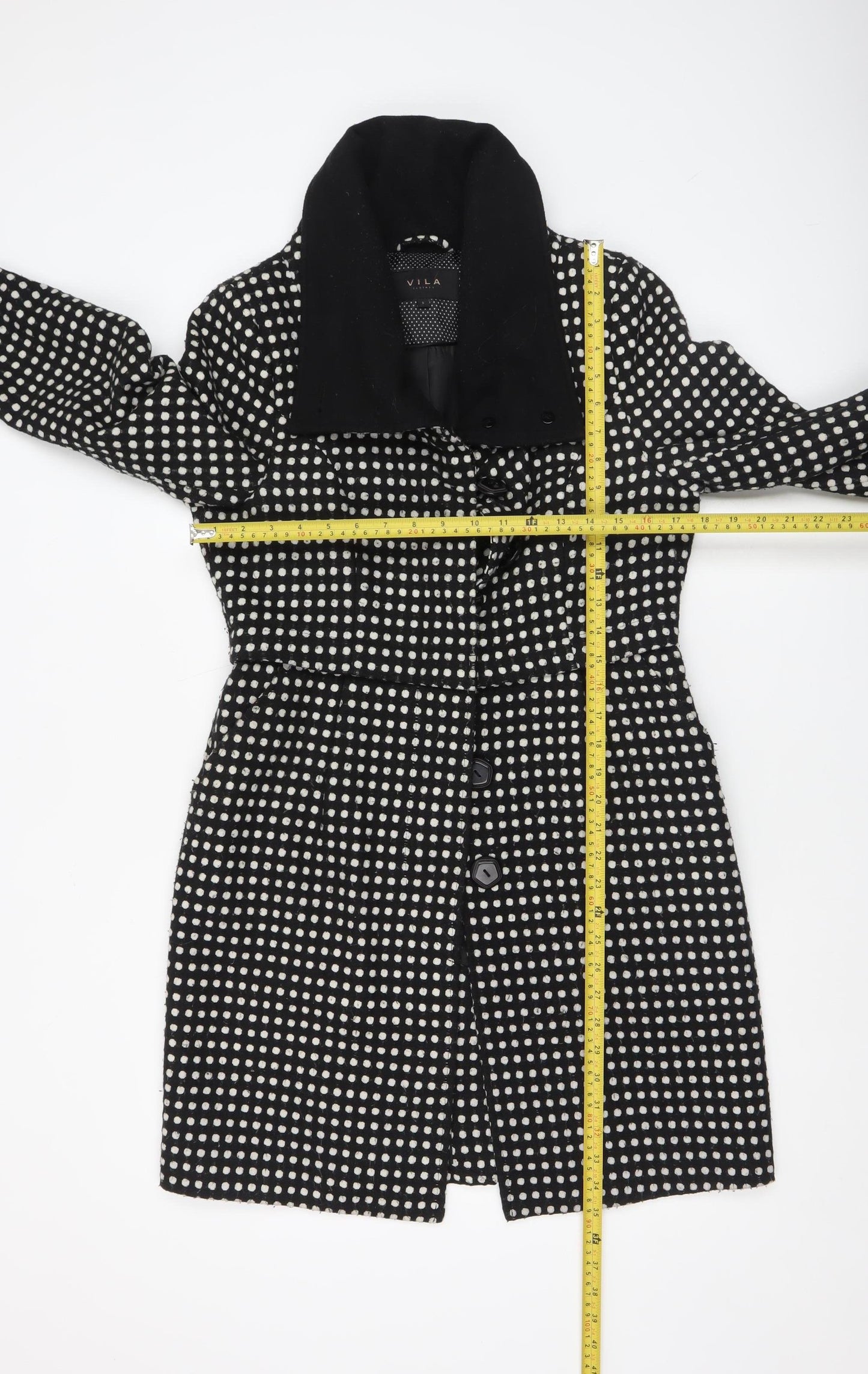Vila Women’s Black White Polka Dot Overcoat Size S Mid-Length Smart Coat