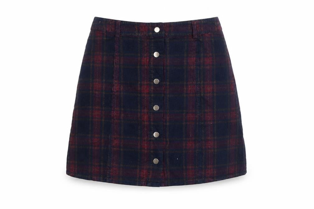 Oasis Women’s Blue Plaid Button Front A-Line Corduroy Skirt Size 10