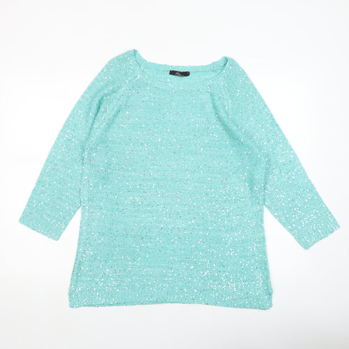 Bm Collection Women's Green Sequin Knit Boat Neck 3/4 Sleeve Jumper M