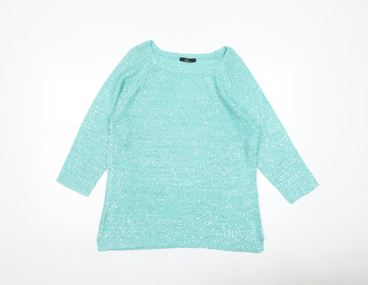 Bm Collection Women's Green Sequin Knit Boat Neck 3/4 Sleeve Jumper M