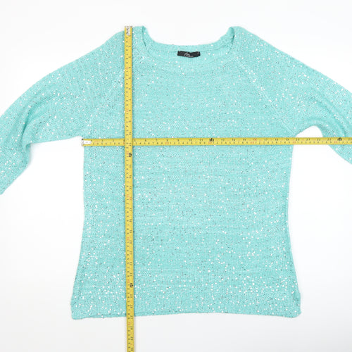 Bm Collection Women's Green Sequin Knit Boat Neck 3/4 Sleeve Jumper M