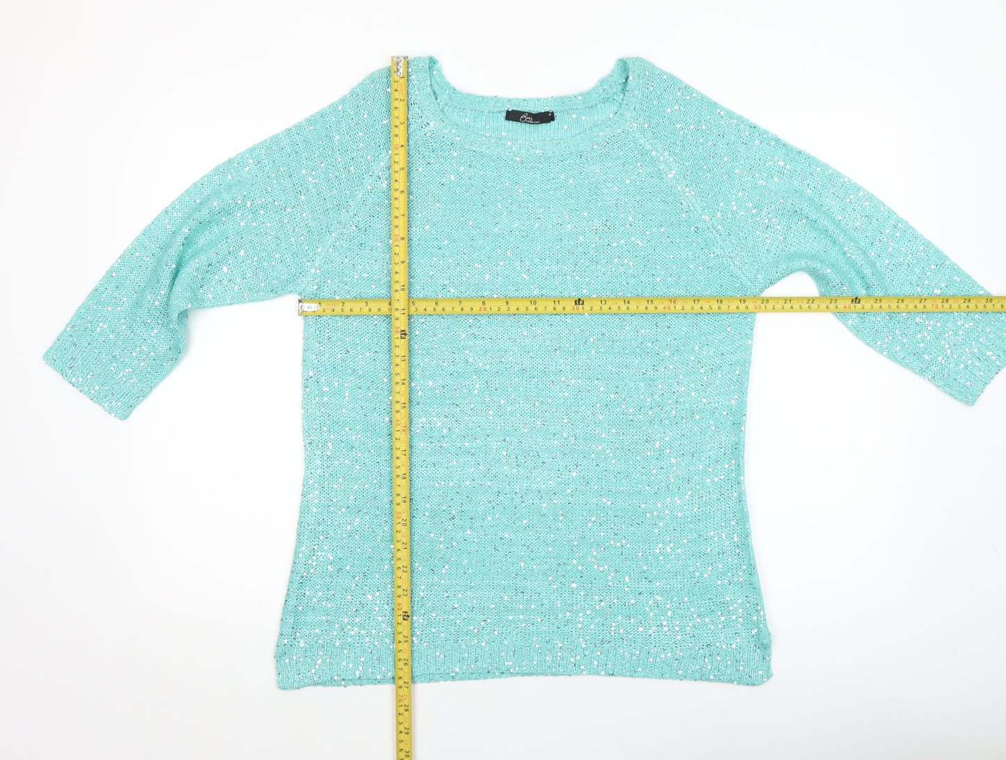 Bm Collection Women's Green Sequin Knit Boat Neck 3/4 Sleeve Jumper M