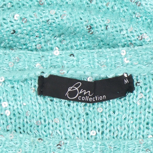 Bm Collection Women's Green Sequin Knit Boat Neck 3/4 Sleeve Jumper M
